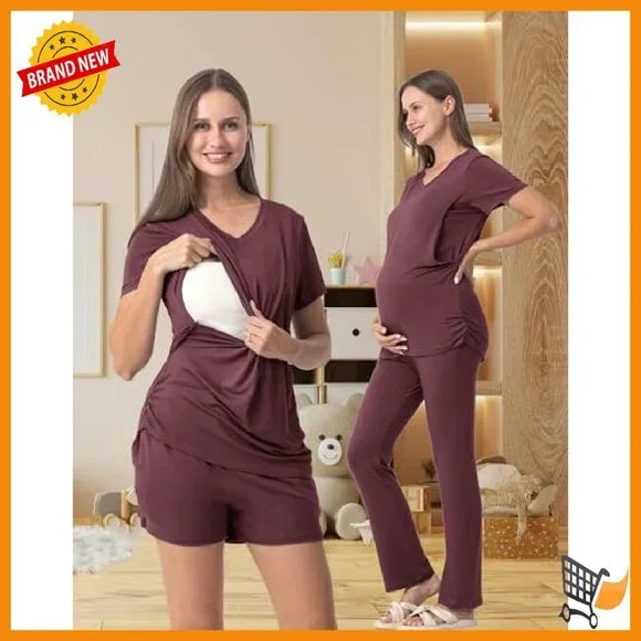 Maternity Nursing Pajama Set V-Neck Breastfeeding Sleepwear with Pockets